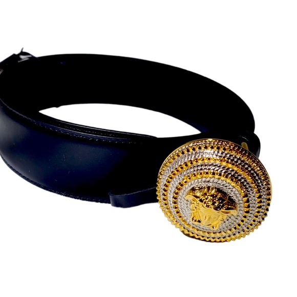 New Authentic Versace Black leather gold/silver tone Medusa-buckle belt - Picture 1 of 16